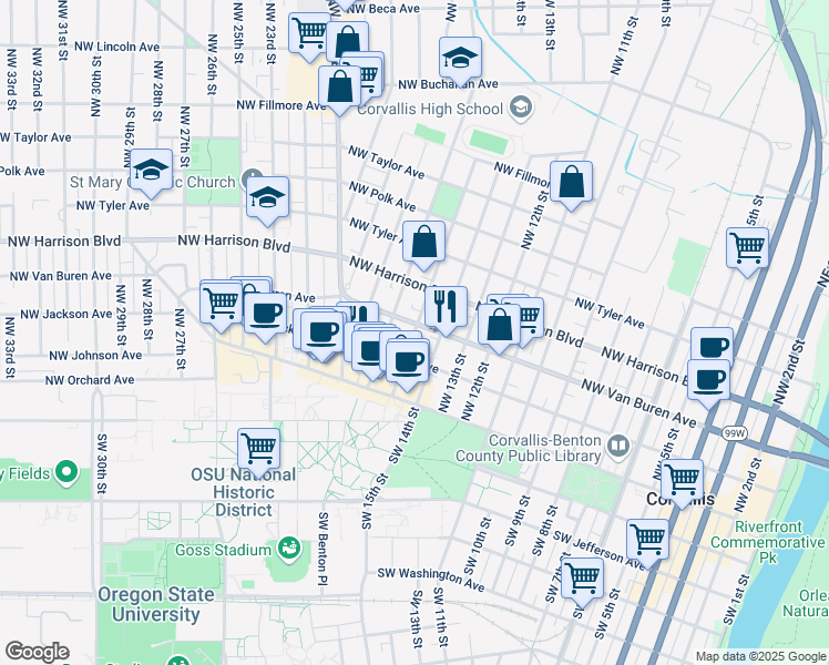 map of restaurants, bars, coffee shops, grocery stores, and more near 238 Northwest 15th Street in Corvallis