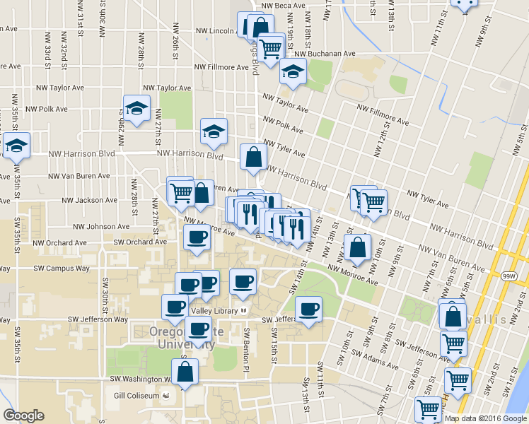 map of restaurants, bars, coffee shops, grocery stores, and more near 204 Northwest 17th Street in Corvallis