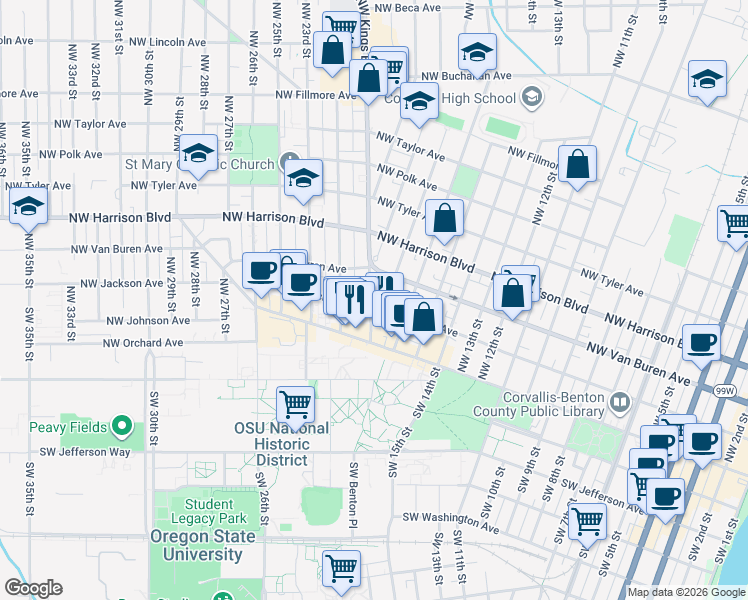 map of restaurants, bars, coffee shops, grocery stores, and more near 222 Northwest 17th Street in Corvallis