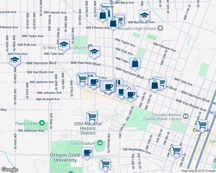 map of restaurants, bars, coffee shops, grocery stores, and more near 2057 Northwest Jackson Avenue in Corvallis