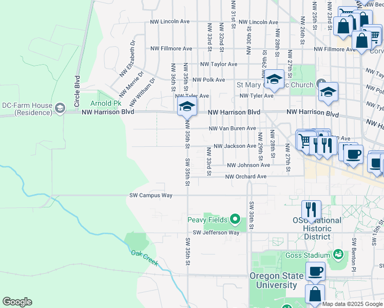 map of restaurants, bars, coffee shops, grocery stores, and more near 141 Northwest 35th Street in Corvallis