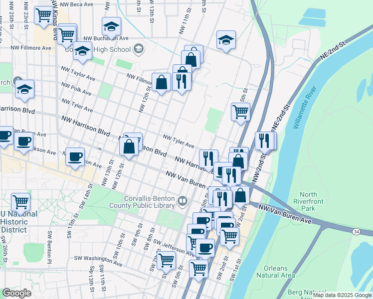 map of restaurants, bars, coffee shops, grocery stores, and more near 433 Northwest 8th Street in Corvallis
