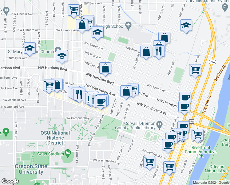 map of restaurants, bars, coffee shops, grocery stores, and more near 1335 Northwest Van Buren Avenue in Corvallis