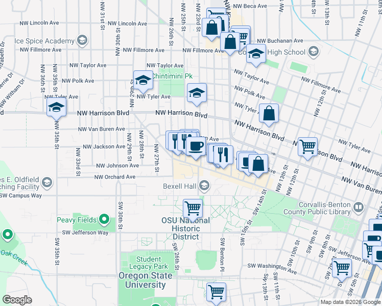 map of restaurants, bars, coffee shops, grocery stores, and more near 148 Northwest 25th Street in Corvallis