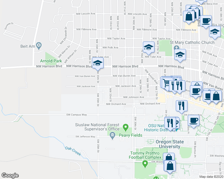 map of restaurants, bars, coffee shops, grocery stores, and more near 135 Northwest 33rd Street in Corvallis