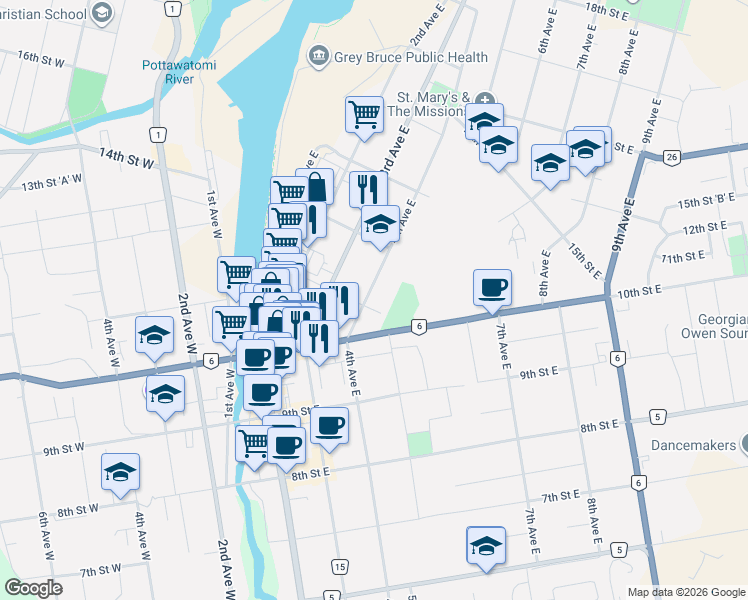 map of restaurants, bars, coffee shops, grocery stores, and more near 1115 4th Avenue East in Owen Sound