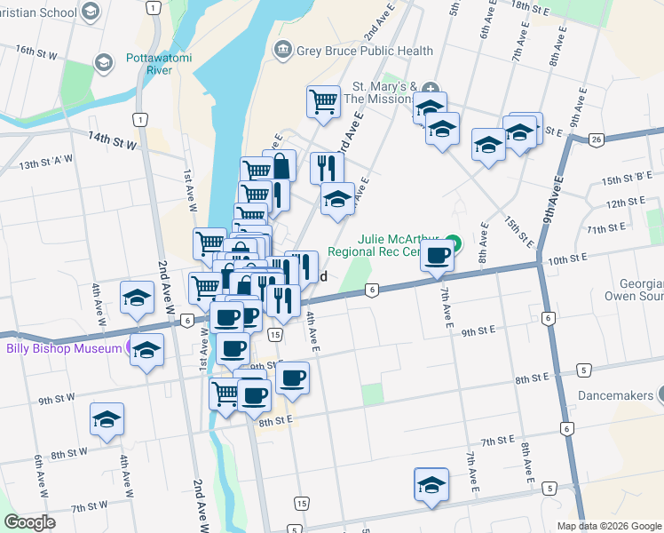 map of restaurants, bars, coffee shops, grocery stores, and more near 1115 4th Avenue East in Owen Sound