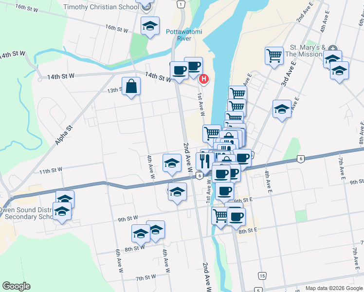 map of restaurants, bars, coffee shops, grocery stores, and more near 254 11th Street West in Owen Sound
