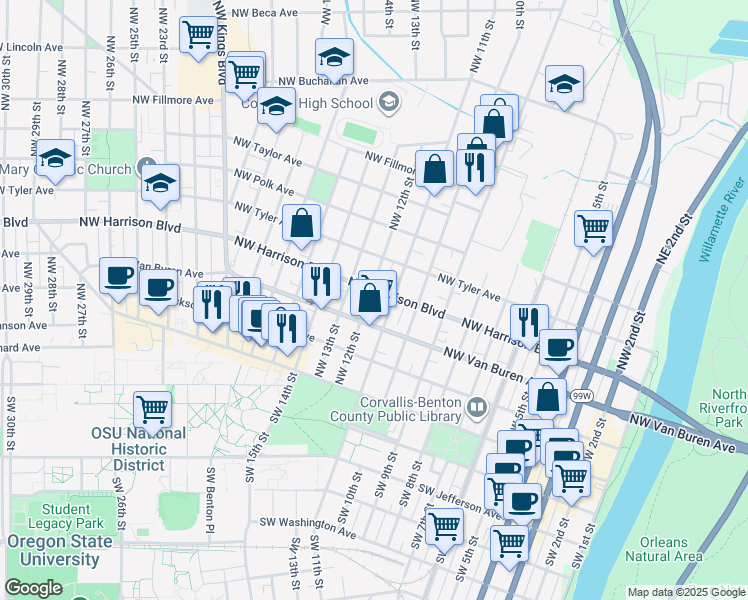 map of restaurants, bars, coffee shops, grocery stores, and more near 1114 Northwest Harrison Boulevard in Corvallis