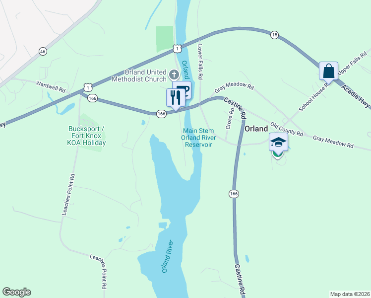 map of restaurants, bars, coffee shops, grocery stores, and more near 32 Fish Point Road in Orland