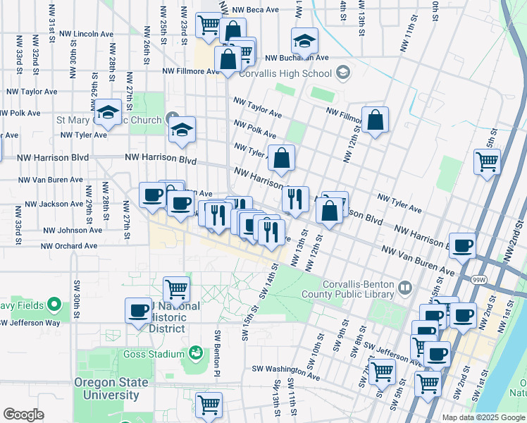map of restaurants, bars, coffee shops, grocery stores, and more near 285 Northwest 16th Street in Corvallis