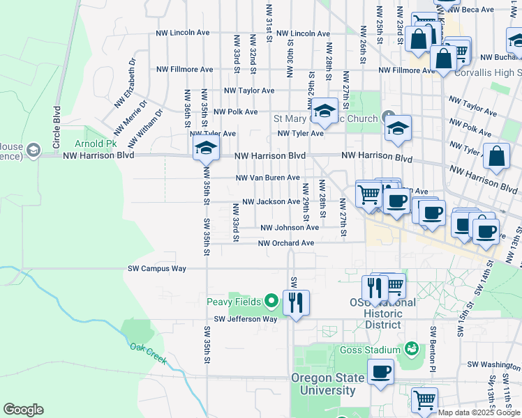map of restaurants, bars, coffee shops, grocery stores, and more near 3120 Northwest Jackson Avenue in Corvallis