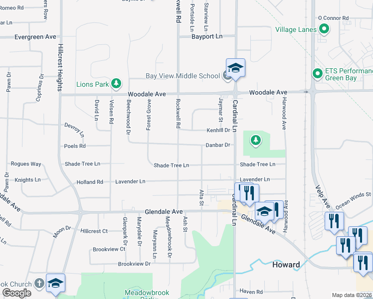 map of restaurants, bars, coffee shops, grocery stores, and more near 2677 Danbar Drive in Green Bay