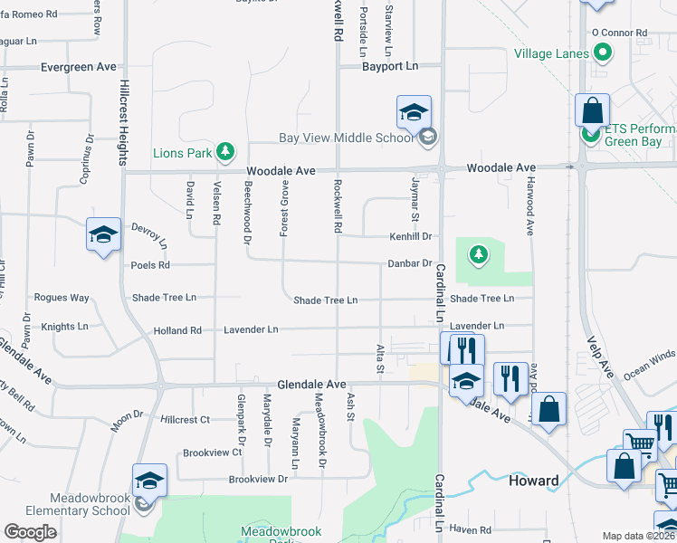 map of restaurants, bars, coffee shops, grocery stores, and more near 2677 Danbar Drive in Green Bay