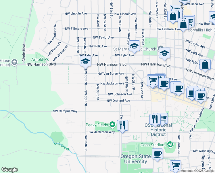 map of restaurants, bars, coffee shops, grocery stores, and more near 135 Northwest 32nd Street in Corvallis