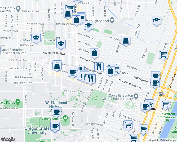map of restaurants, bars, coffee shops, grocery stores, and more near 285 Northwest 16th Street in Corvallis