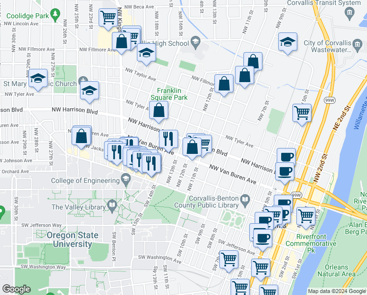 map of restaurants, bars, coffee shops, grocery stores, and more near 327 Northwest 13th Street in Corvallis