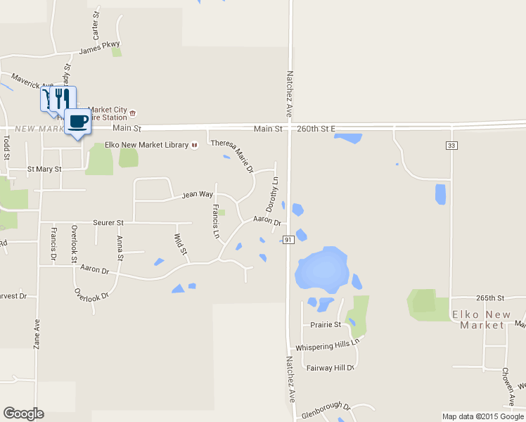 map of restaurants, bars, coffee shops, grocery stores, and more near 3327 Aaron Drive in Elko New Market
