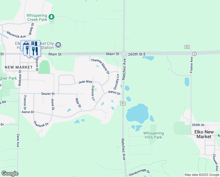 map of restaurants, bars, coffee shops, grocery stores, and more near 3327 Aaron Drive in Elko New Market