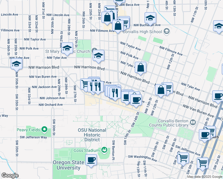 map of restaurants, bars, coffee shops, grocery stores, and more near 215 Northwest 21st Street in Corvallis