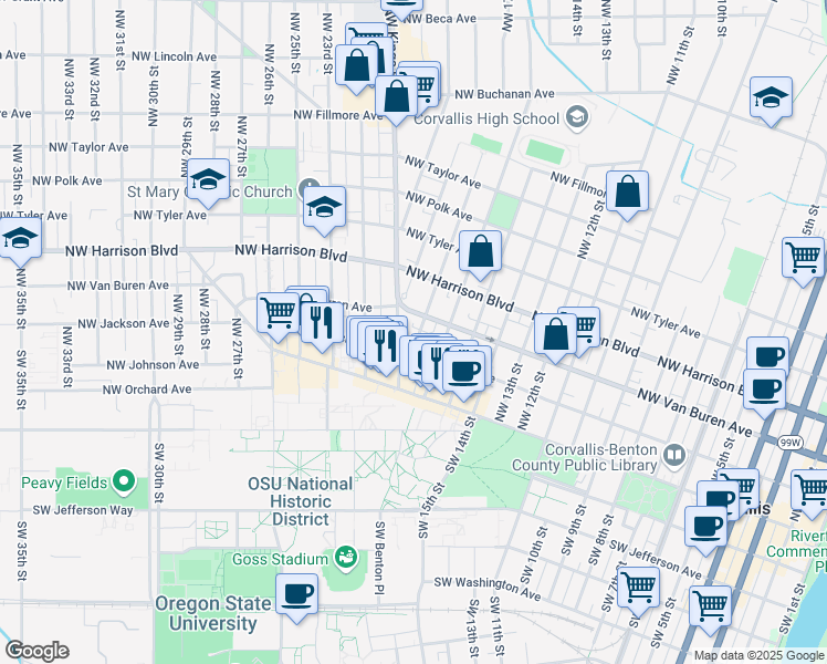 map of restaurants, bars, coffee shops, grocery stores, and more near 222 Northwest 17th Street in Corvallis
