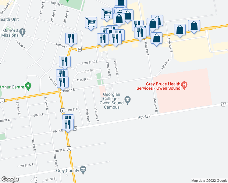 map of restaurants, bars, coffee shops, grocery stores, and more near 10 Lamson Crescent in Owen Sound