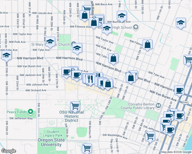 map of restaurants, bars, coffee shops, grocery stores, and more near 222 Northwest 17th Street in Corvallis