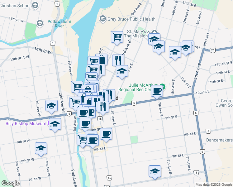 map of restaurants, bars, coffee shops, grocery stores, and more near 1115 4th Avenue East in Owen Sound