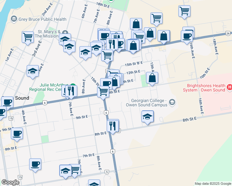 map of restaurants, bars, coffee shops, grocery stores, and more near 963 10th Street East in Owen Sound