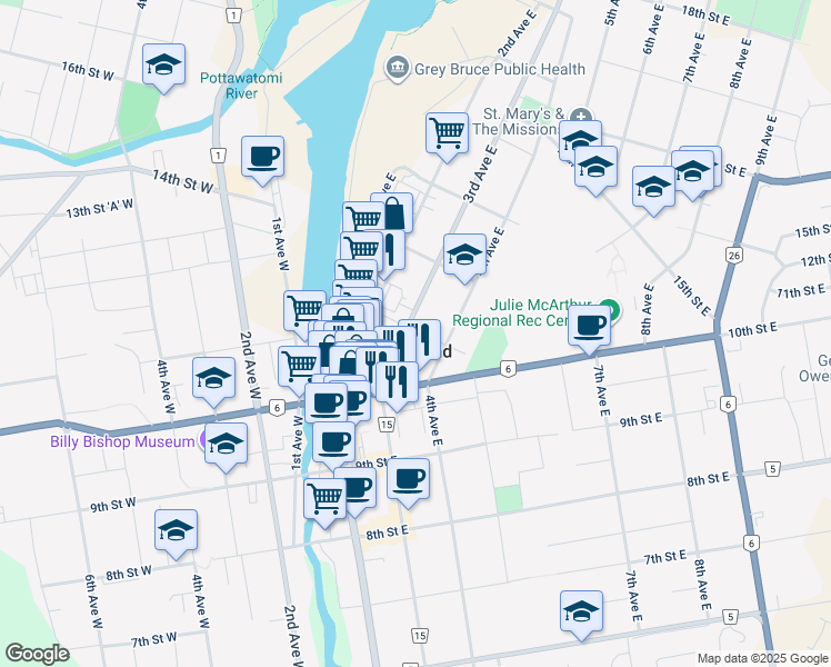 map of restaurants, bars, coffee shops, grocery stores, and more near 317 11th Street East in Owen Sound