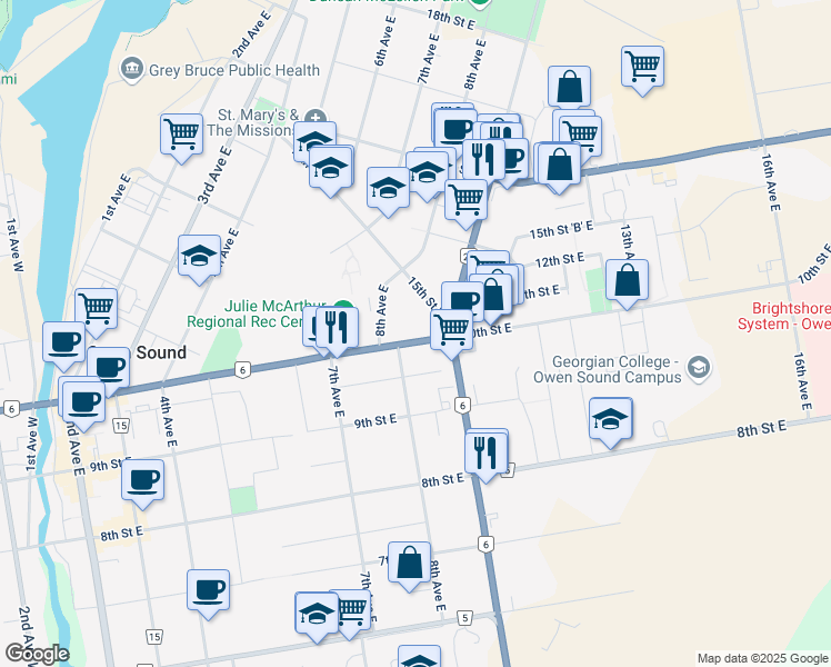 map of restaurants, bars, coffee shops, grocery stores, and more near 900 10th Street East in Owen Sound