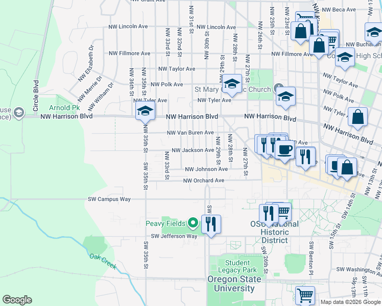 map of restaurants, bars, coffee shops, grocery stores, and more near 3120 Northwest Jackson Avenue in Corvallis