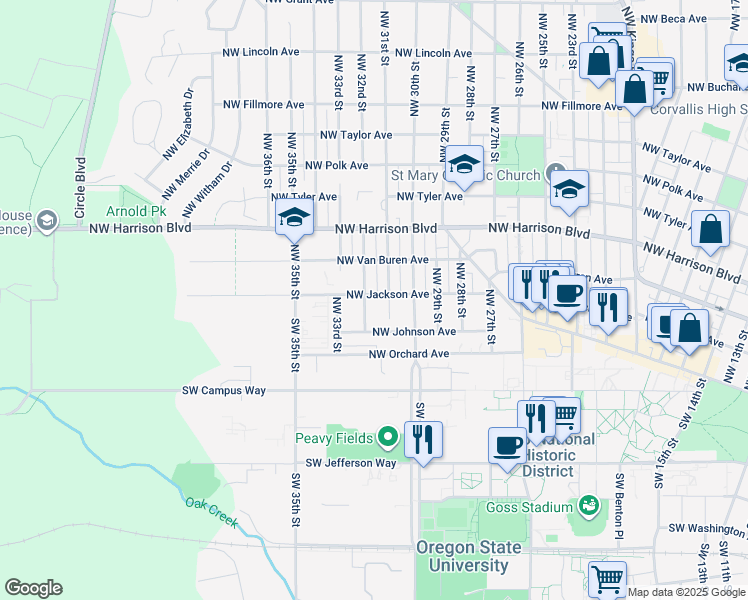 map of restaurants, bars, coffee shops, grocery stores, and more near 3120 Northwest Jackson Avenue in Corvallis