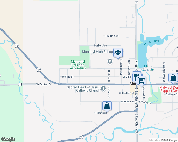 map of restaurants, bars, coffee shops, grocery stores, and more near 570 West Vine Street in Mondovi