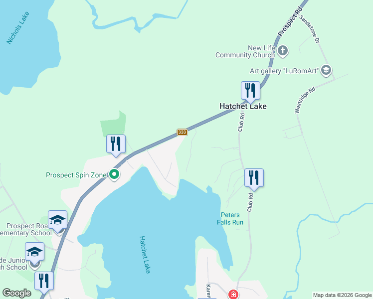 map of restaurants, bars, coffee shops, grocery stores, and more near 1924 Prospect Road in Hatchet Lake