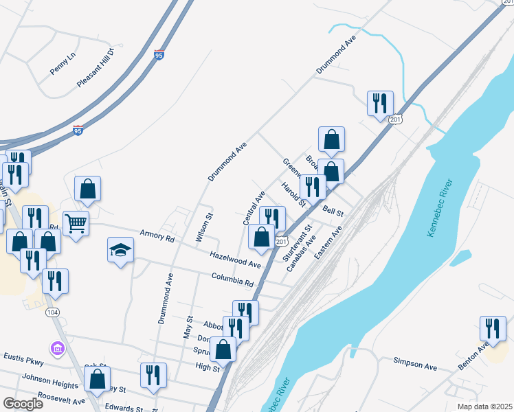 map of restaurants, bars, coffee shops, grocery stores, and more near 39 Central Avenue in Waterville