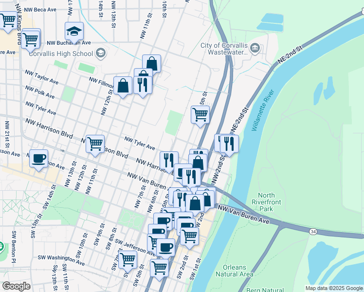 map of restaurants, bars, coffee shops, grocery stores, and more near 530 Northwest 5th Street in Corvallis