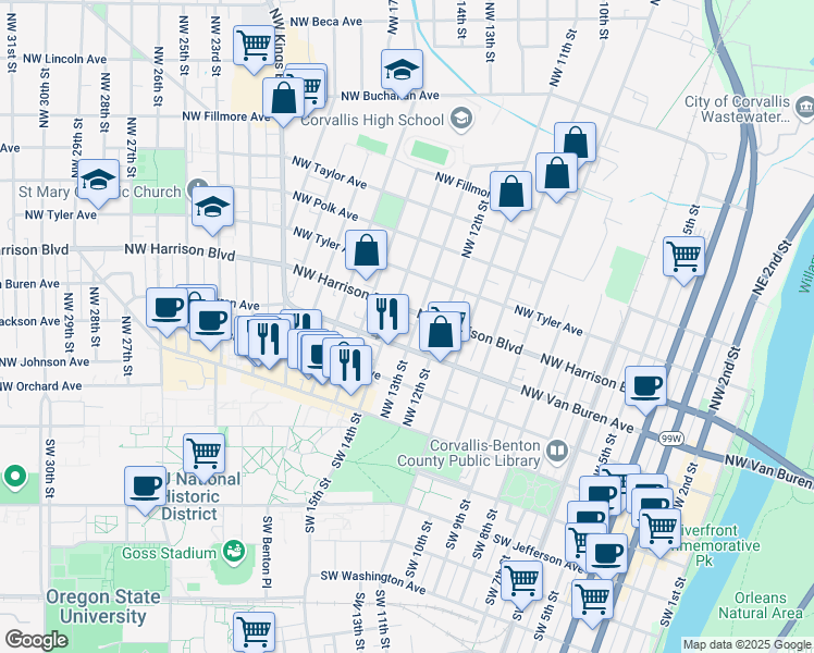 map of restaurants, bars, coffee shops, grocery stores, and more near 327 Northwest 13th Street in Corvallis