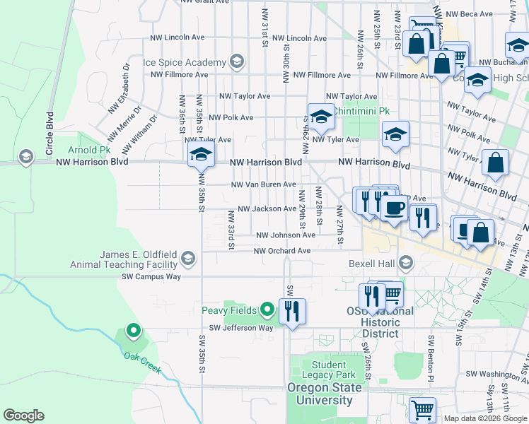 map of restaurants, bars, coffee shops, grocery stores, and more near 3120 Northwest Jackson Avenue in Corvallis