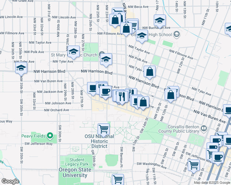 map of restaurants, bars, coffee shops, grocery stores, and more near 213 Northwest 21st Street in Corvallis