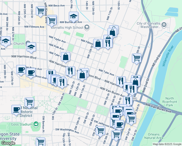 map of restaurants, bars, coffee shops, grocery stores, and more near 415 Northwest 11th Street in Corvallis