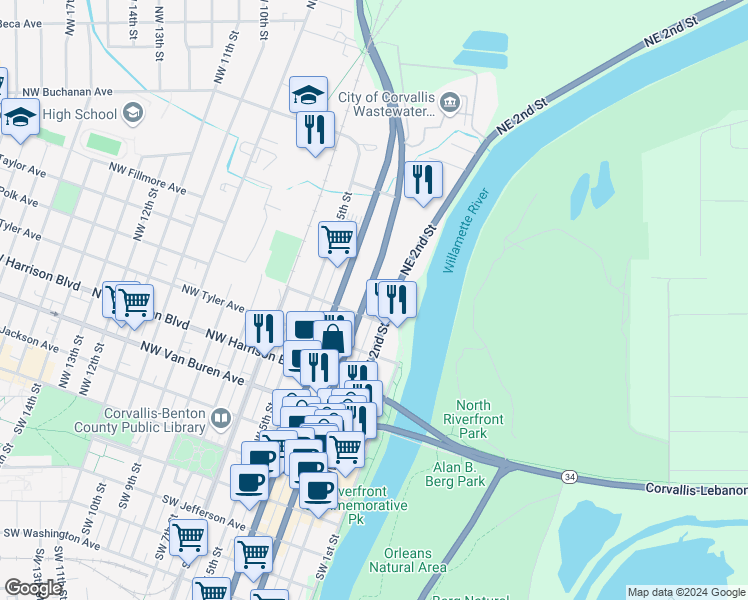 map of restaurants, bars, coffee shops, grocery stores, and more near 611 Northwest 3rd Street in Corvallis
