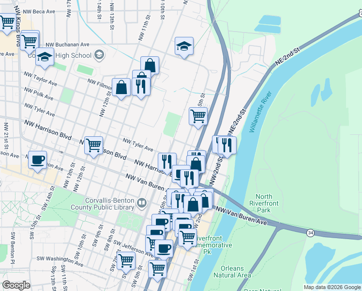 map of restaurants, bars, coffee shops, grocery stores, and more near 530 Northwest 5th Street in Corvallis