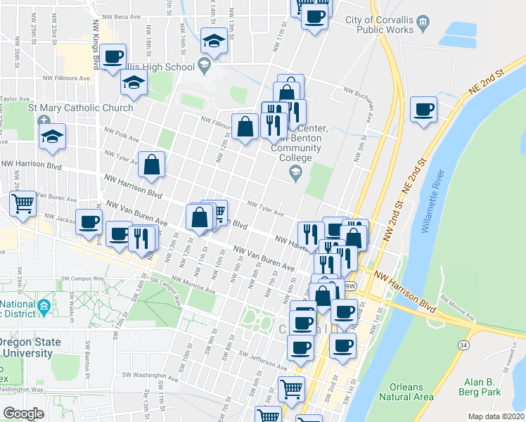 map of restaurants, bars, coffee shops, grocery stores, and more near 425 Northwest 9th Street in Corvallis