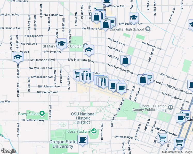map of restaurants, bars, coffee shops, grocery stores, and more near 213 Northwest 21st Street in Corvallis