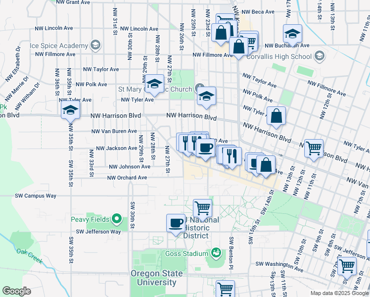 map of restaurants, bars, coffee shops, grocery stores, and more near 135 Northwest 26th Street in Corvallis