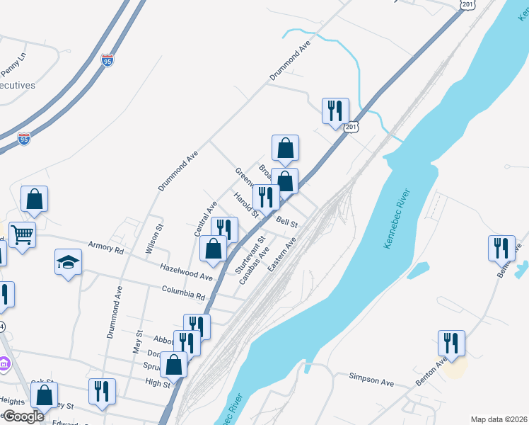 map of restaurants, bars, coffee shops, grocery stores, and more near 160 College Avenue in Waterville