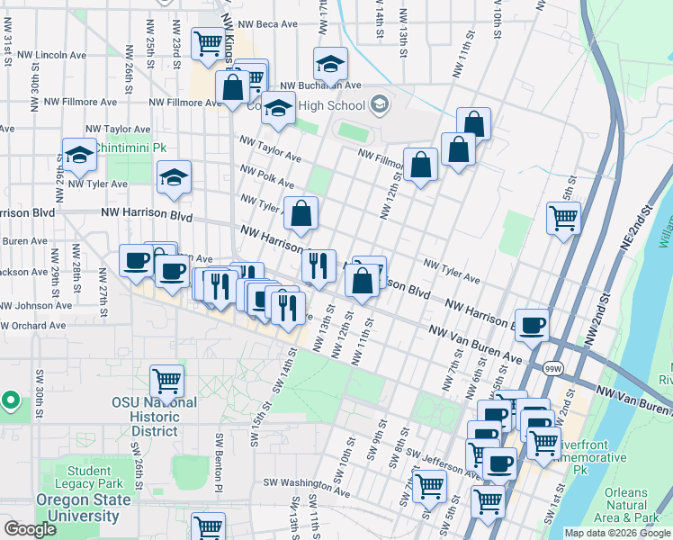 map of restaurants, bars, coffee shops, grocery stores, and more near 327 Northwest 13th Street in Corvallis