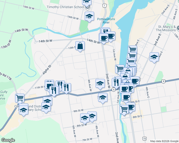 map of restaurants, bars, coffee shops, grocery stores, and more near 1139 4th Avenue West in Owen Sound