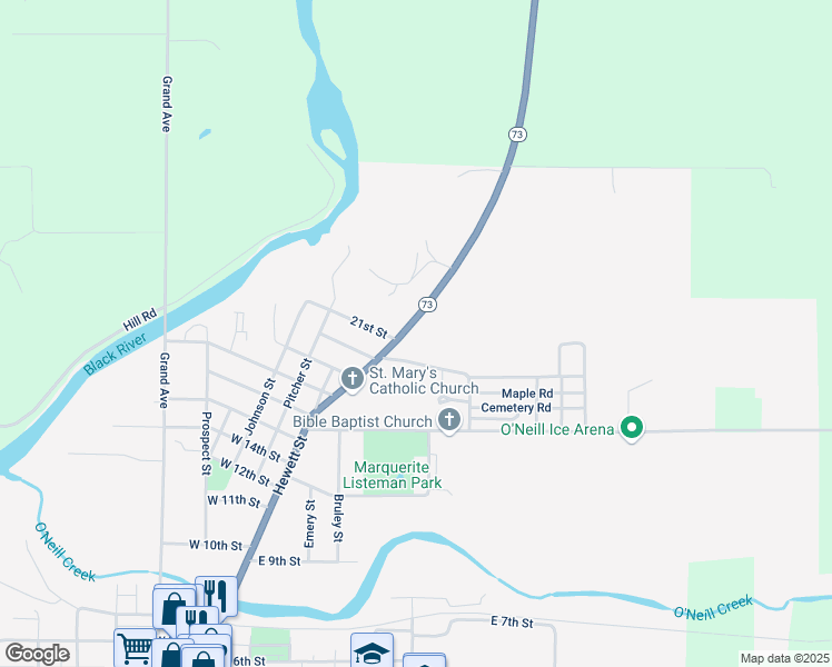 map of restaurants, bars, coffee shops, grocery stores, and more near 2103 Black River Road in Neillsville